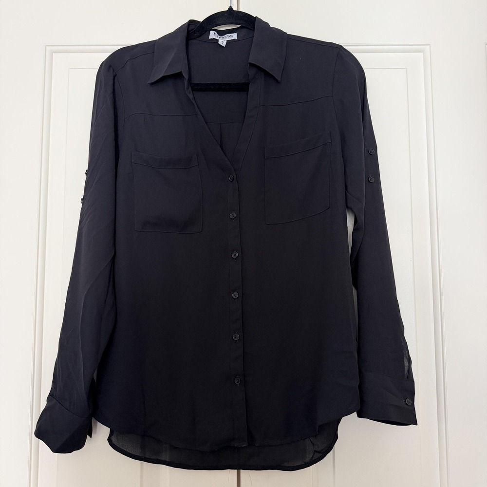 Express Portofino Shirt Medium Black SlimFit Chiffon Roll Tab Long Sleeve Blouse